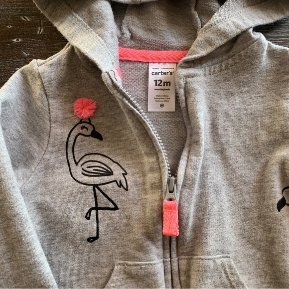 3/$12 Grey Zip Up Hoodie with Flamingo Design - Picture 3 of 5